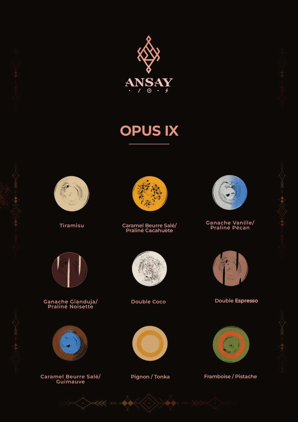 Présentation des goûts du coffret de chocolats OPUS IX